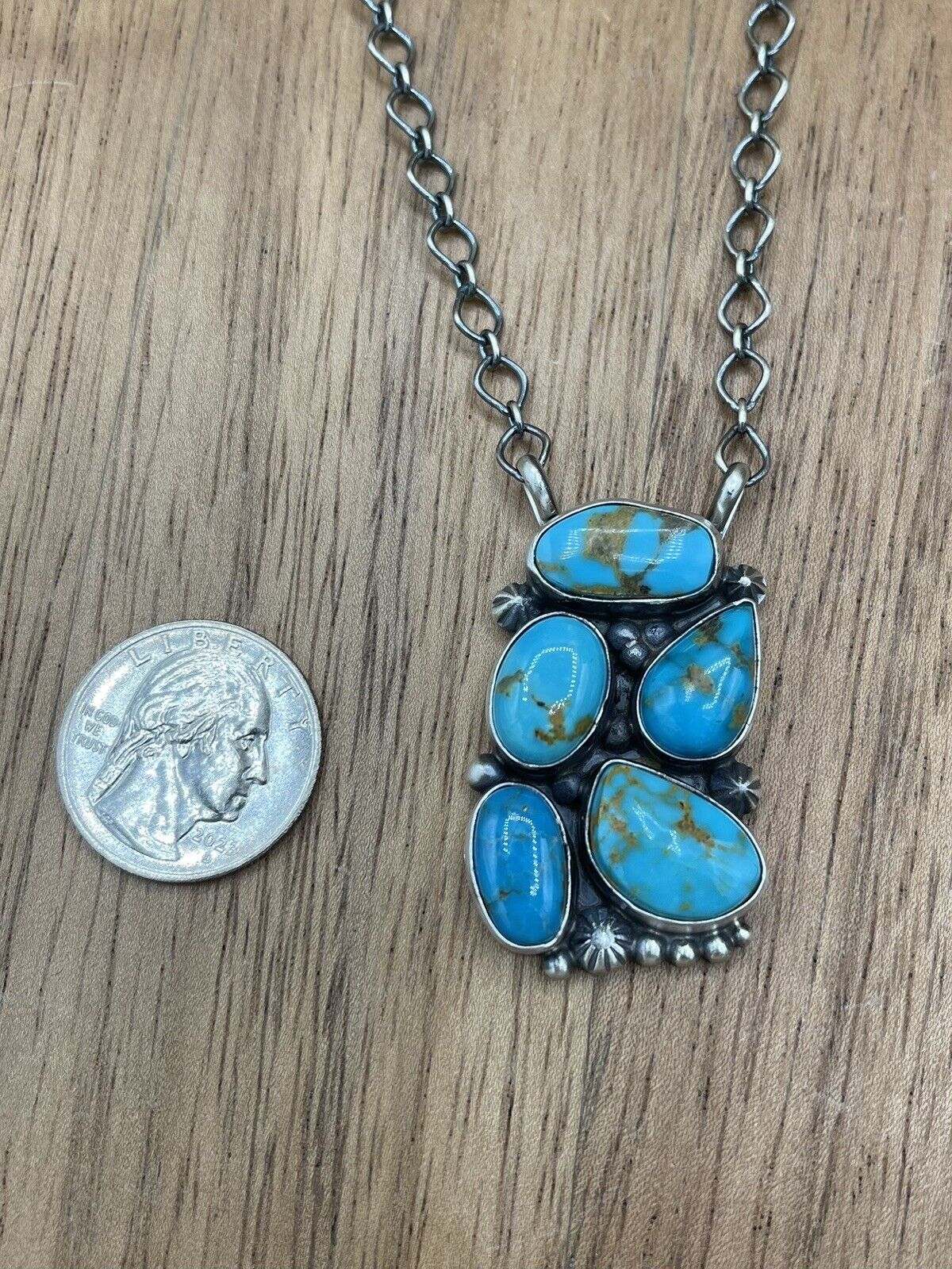 Native American Navajo Handmade Silver Turquoise Cluster Bar Necklace 18 Inch