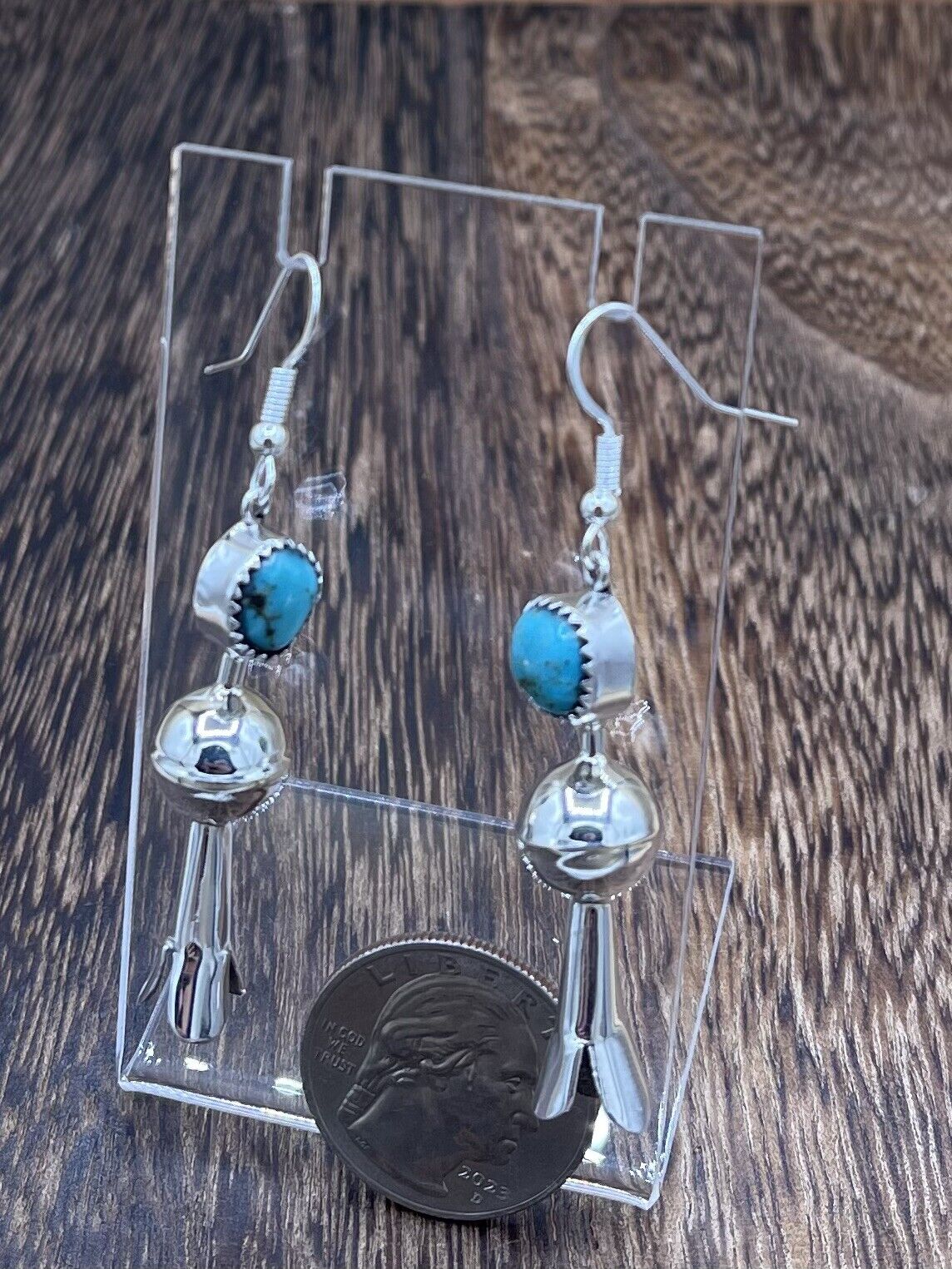 Native American Silver Navajo Handmade Turquoise Dangle Blossom Earrings shiny