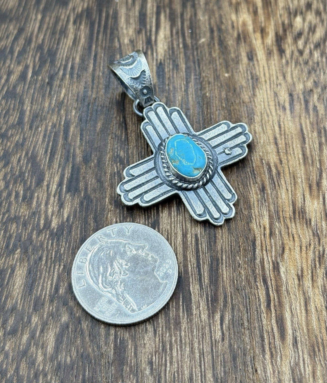 Navajo Handmade Sterling Silver Old Look Kingman Turquoise Zia Pendant Kevin B.