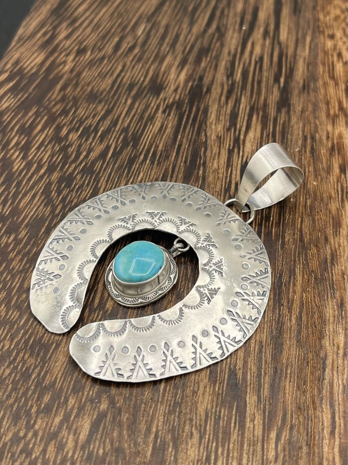 Native American Sterling Silver Navajo Handmade Stamped Turquoise Naja Pendant