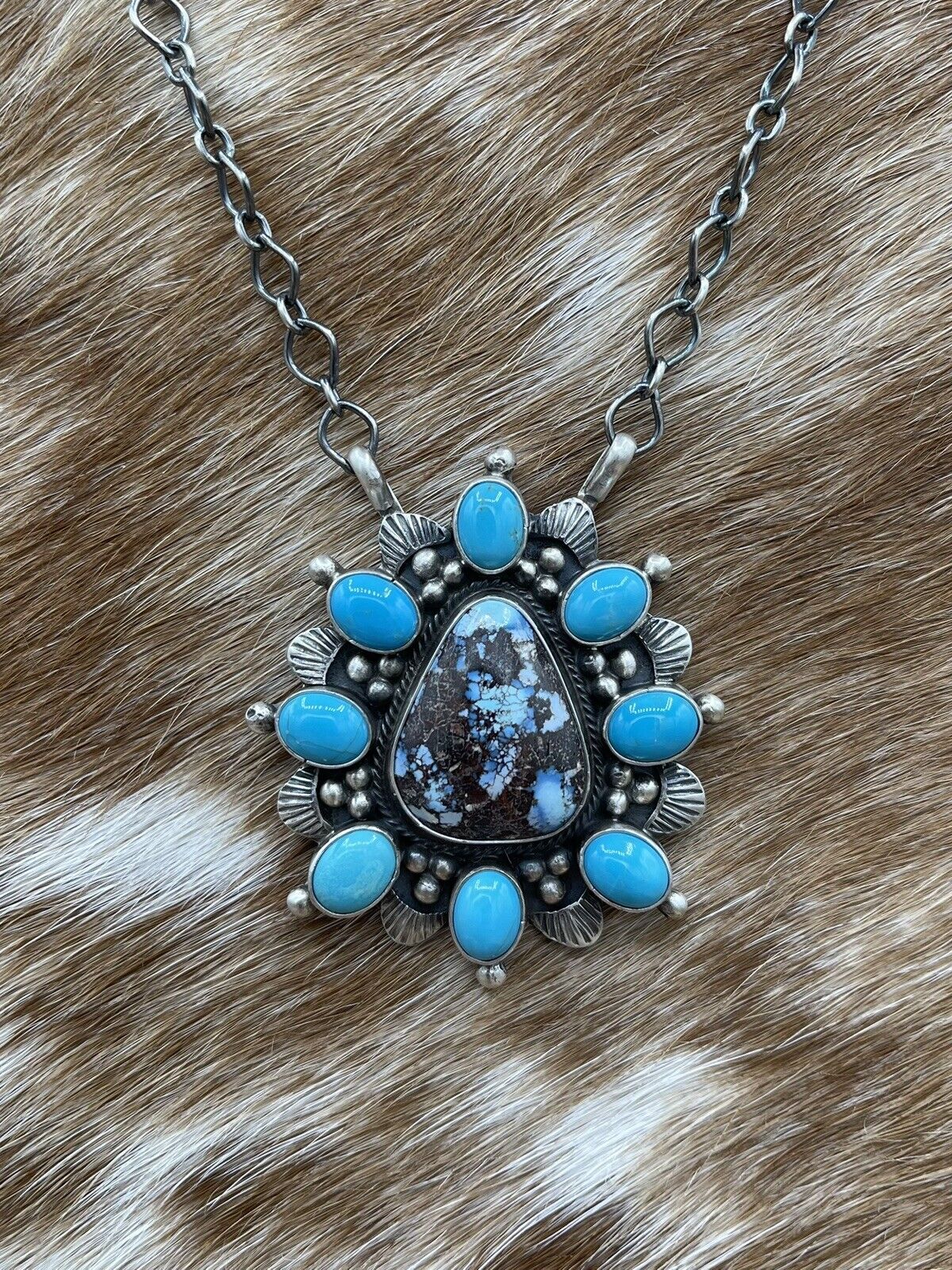 Native American Navajo Handmade Silver Turquoise Cluster Necklace 18 Inch