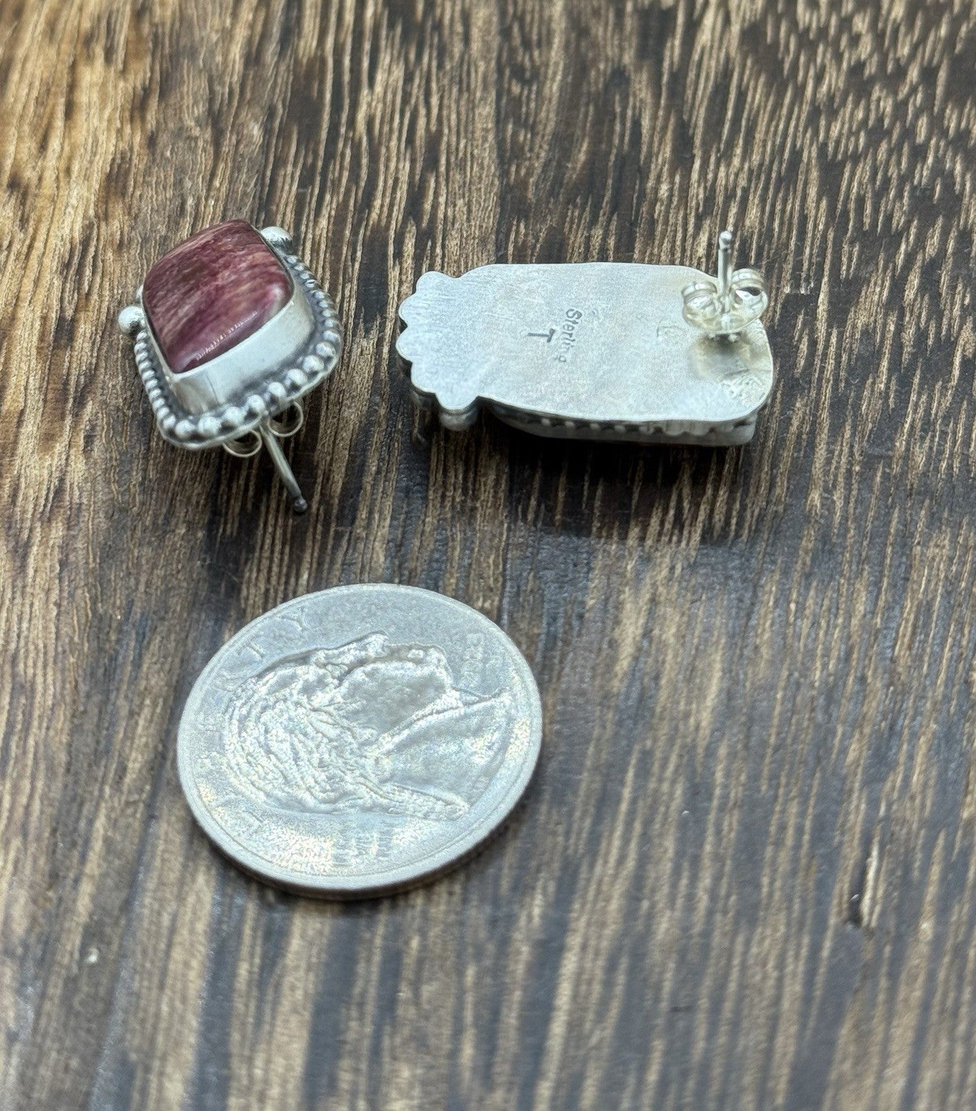 Native Navajo Handmade Sterling Silver Purple Spiny Oyster Post Stud Earrings