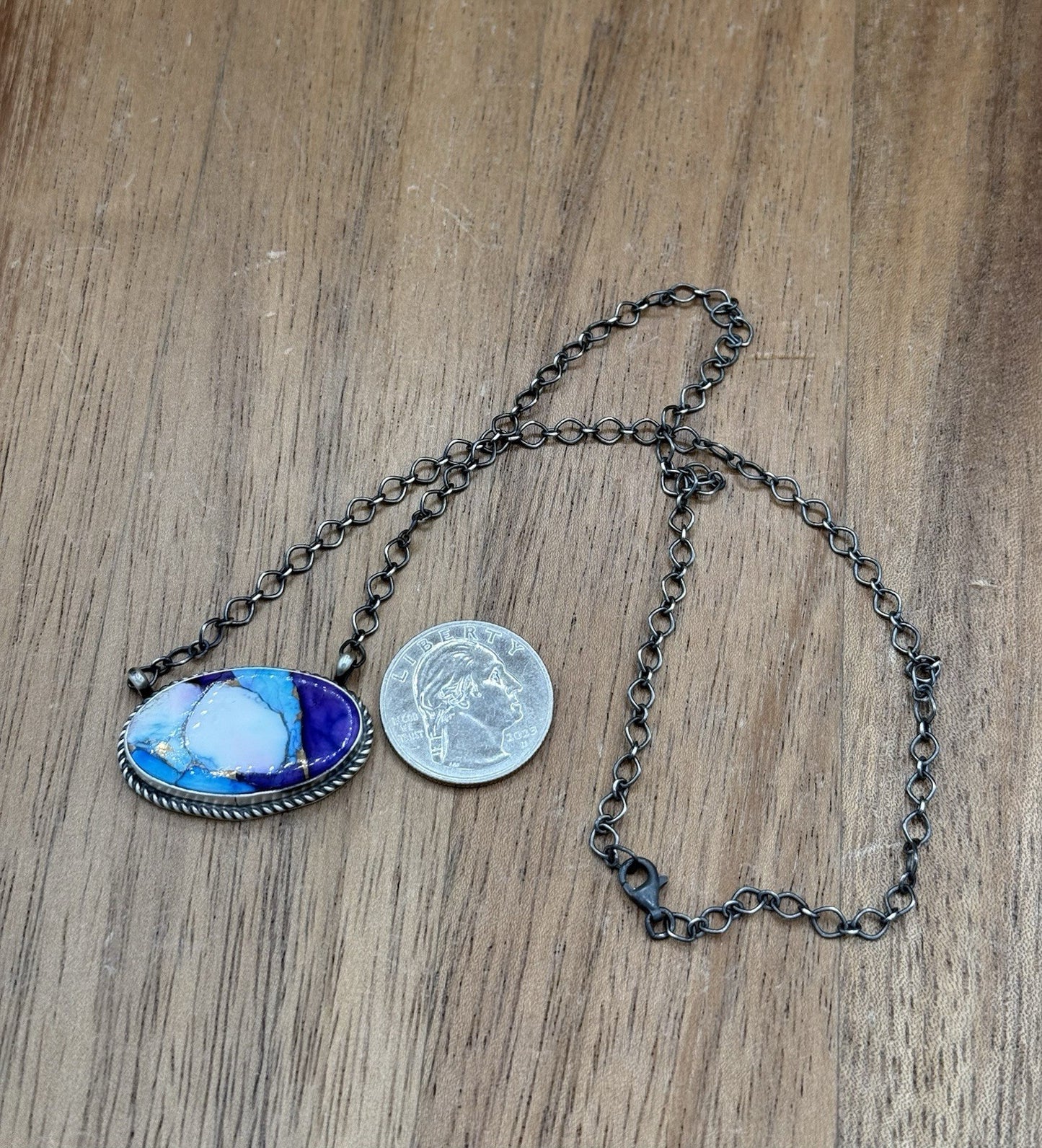 Navajo Handmade Sterling Silver Violet Rose & Blue Dahlia Bar Necklace 18”