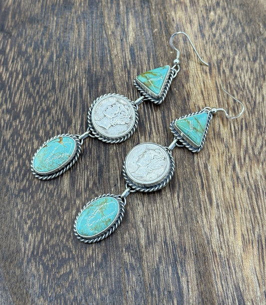 Navajo Handmade Sterling Silver Kingman Turquoise Liberty Mercury Dime Earrings