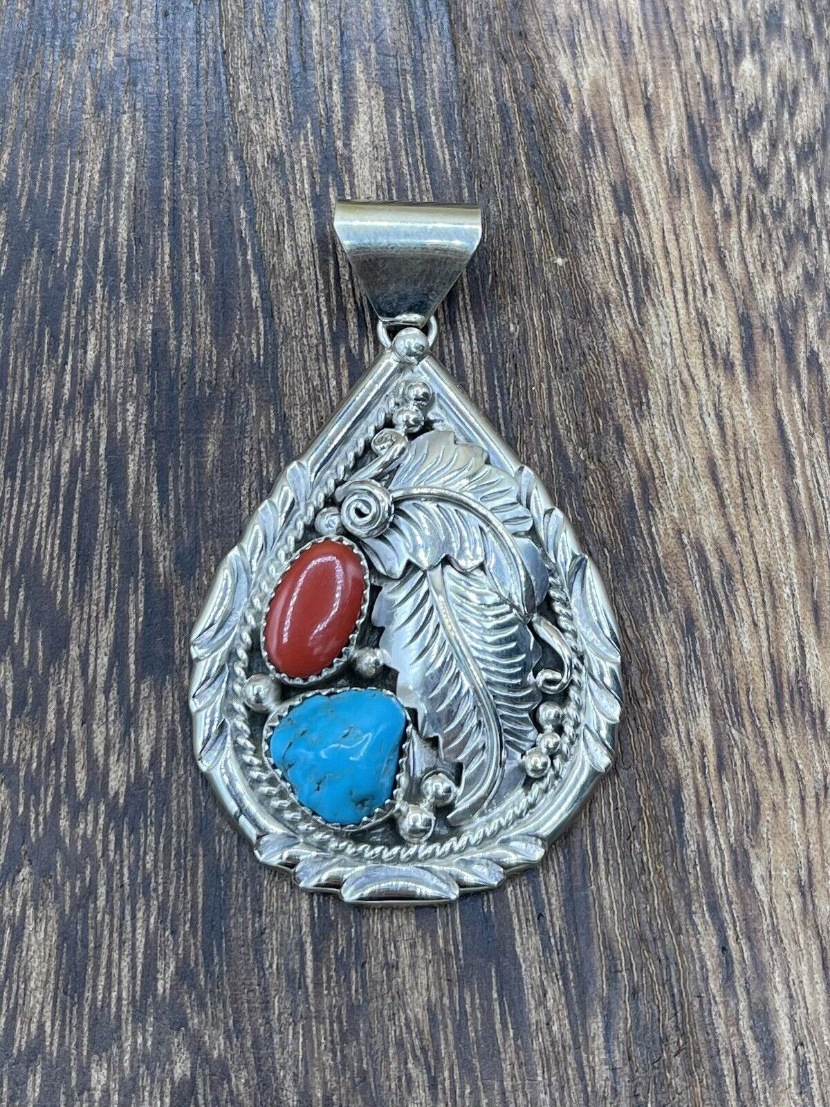 Native American Indian Handmade Sterling Silver Turquoise/Coral Feather Pendant