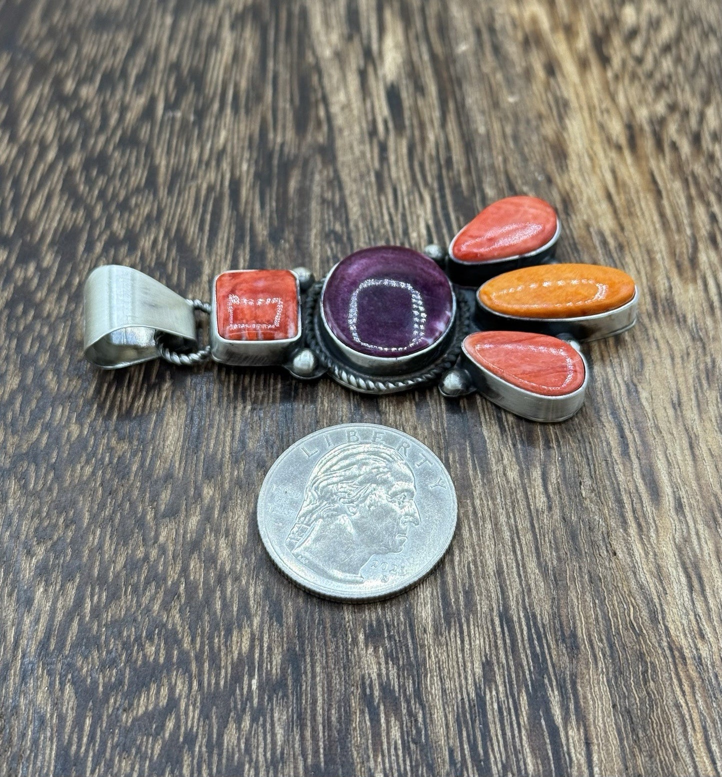 Native Navajo Handmade Sterling Silver Multi Spiny Oyster Shell Cluster Pendant