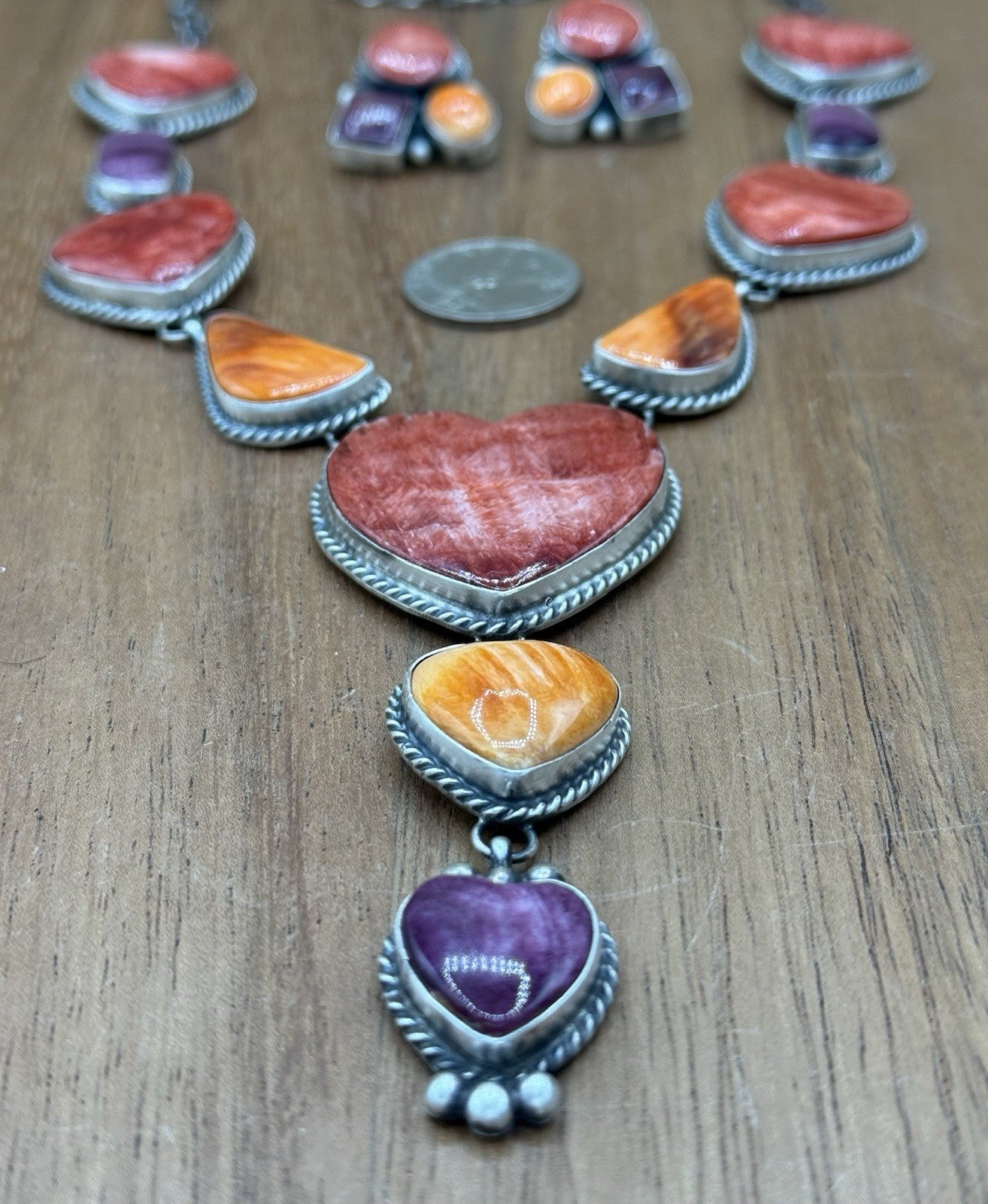 Navajo Handmade Sterling Silver Multi Spiny Oyster Shell Cluster Lariat Necklace