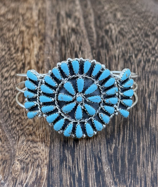 Native American Navajo Handmade Sterling Silver Turquoise Cluster Cuff Bracelet