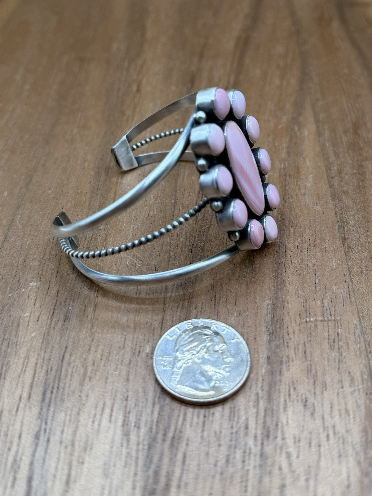 Navajo Handmade Sterling Silver Pink Conch Cluster Cuff Bracelet Large