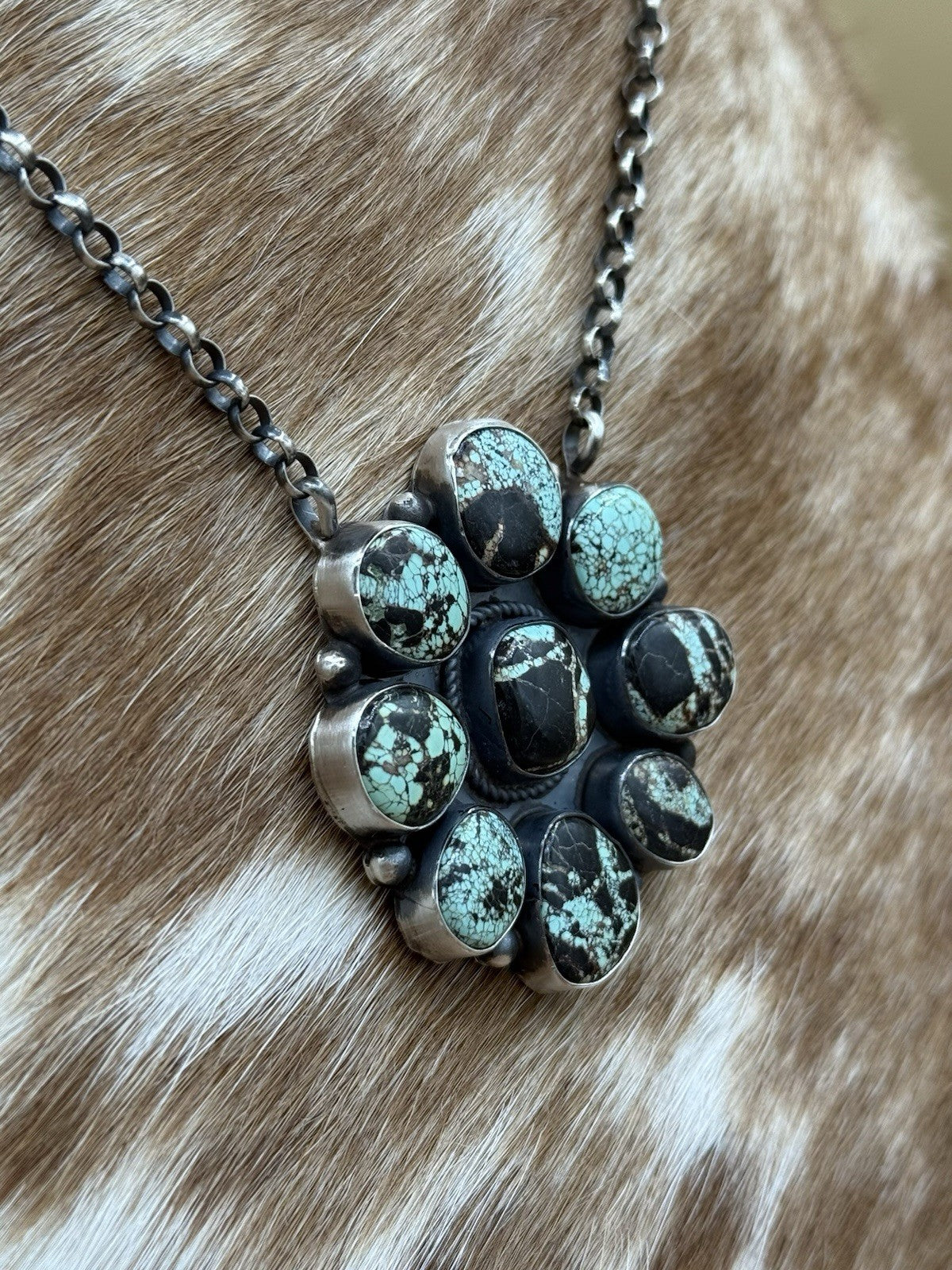 Navajo Handmade Sterling Silver Blackjack Turquoise Cluster Bar Necklace 18”
