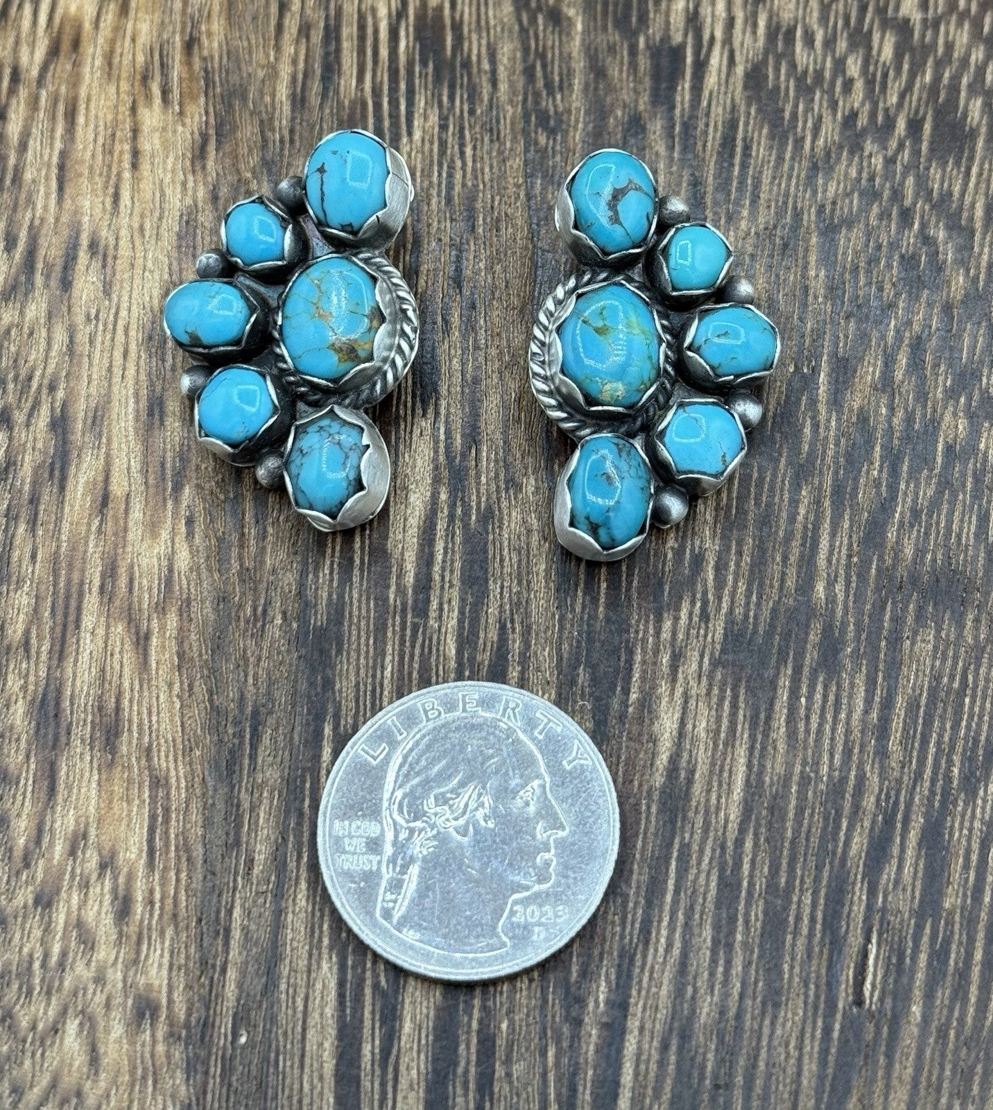 Navajo Handmade Sterling Silver Kingman Turquoise Half Cluster Post Earrings