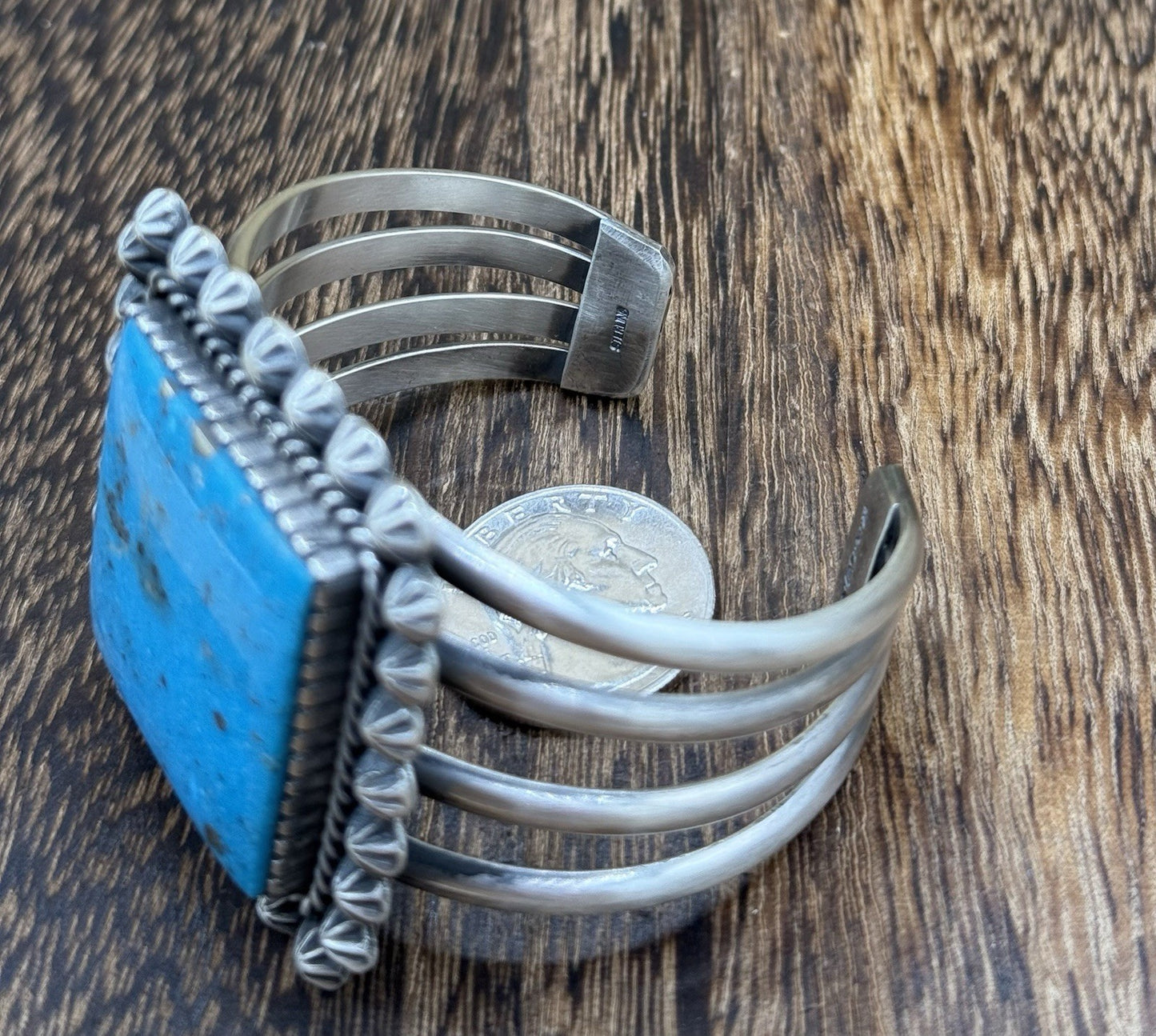 Native Navajo Handmade Sterling Silver Morenci Turquoise Old Look Cuff Bracelet