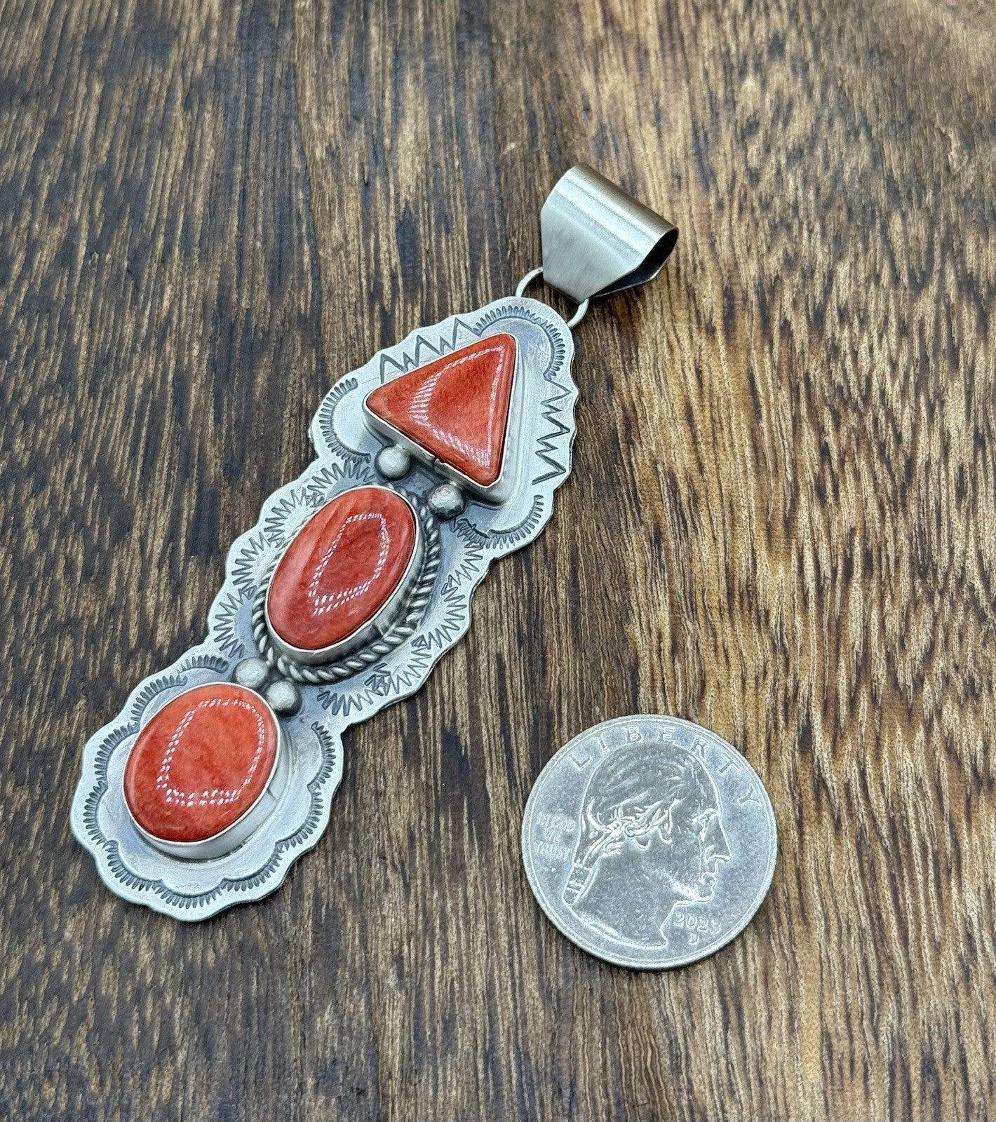 Navajo Handmade Sterling Silver Spiny Oyster Shell Stamped Drop Pendant