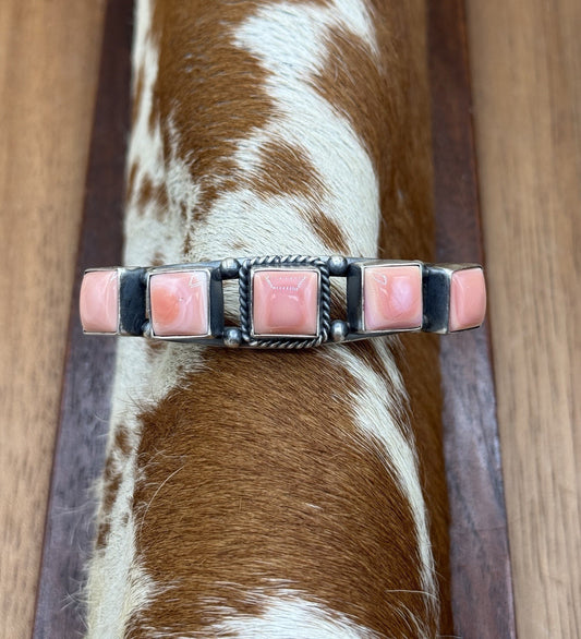 Navajo Handmade Sterling Silver Pink Conch Stacker Cluster Cuff Bracelet