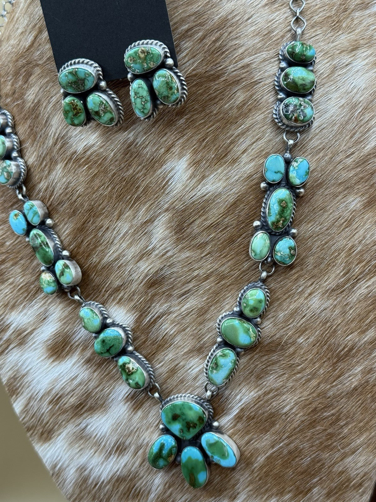 Navajo Handmade Sterling Silver Sonoran Gold Turquoise Cluster Necklace Set 20”