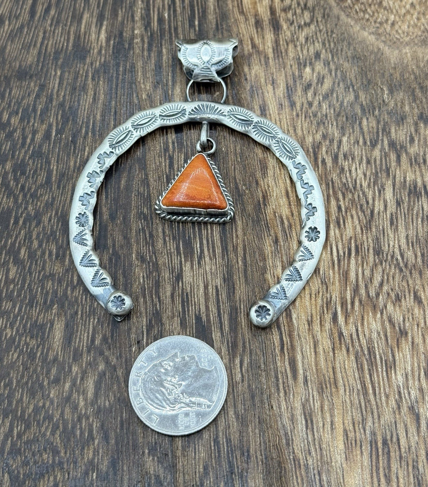 Navajo Handmade Sterling Silver Stamped Red Spiny Oyster Shell Naja Pendant