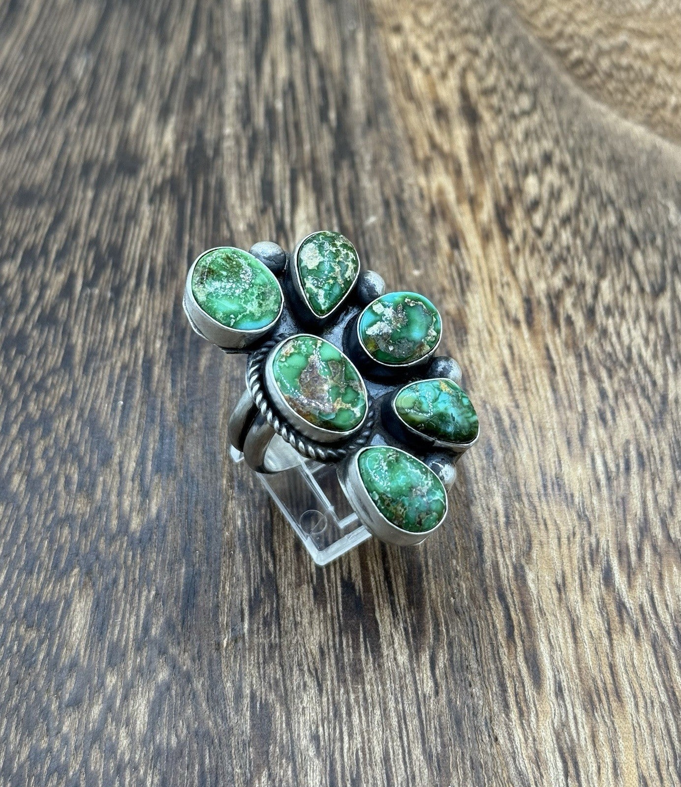 Navajo Handmade Sterling Silver Sonoran Gold Turquoise Half Cluster Ring Size 8