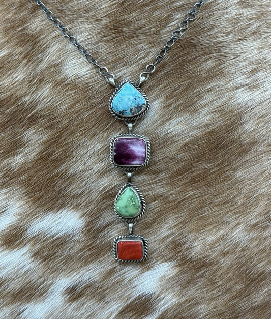Navajo Handmade Sterling Silver Multi Color Mixed Stone Lariat Necklace 18”