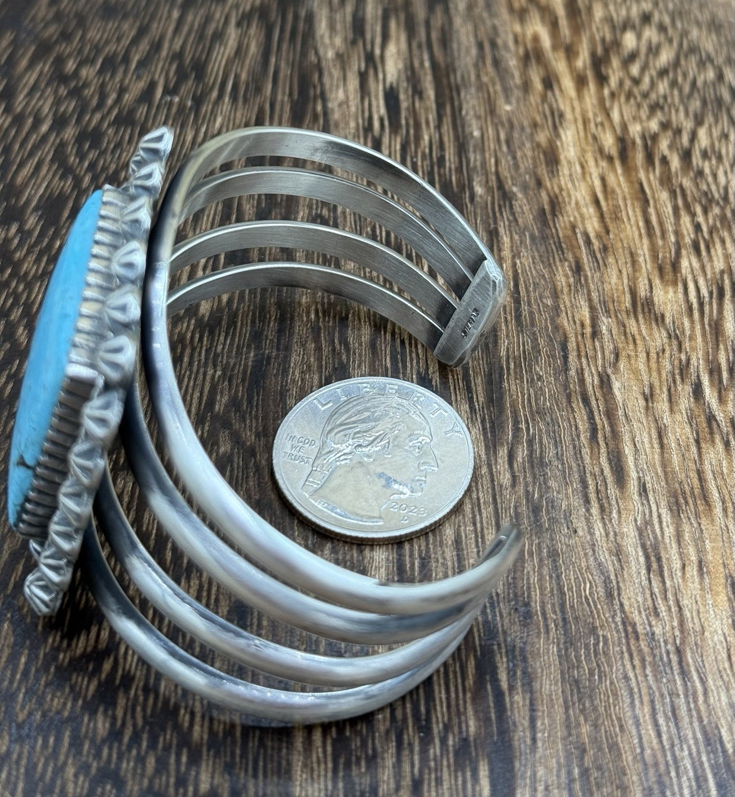 Native Navajo Handmade Sterling Silver Kingman Turquoise Old Look Cuff Bracelet