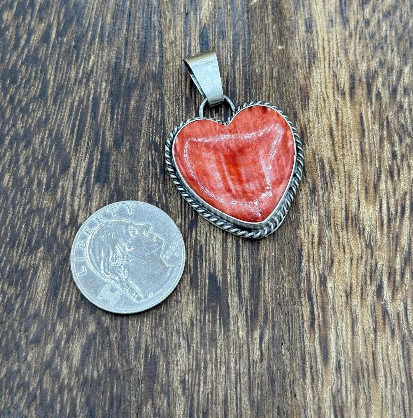 Navajo Handmade Sterling Silver Red Spiny Oyster Shell Heart Shaped Pendant