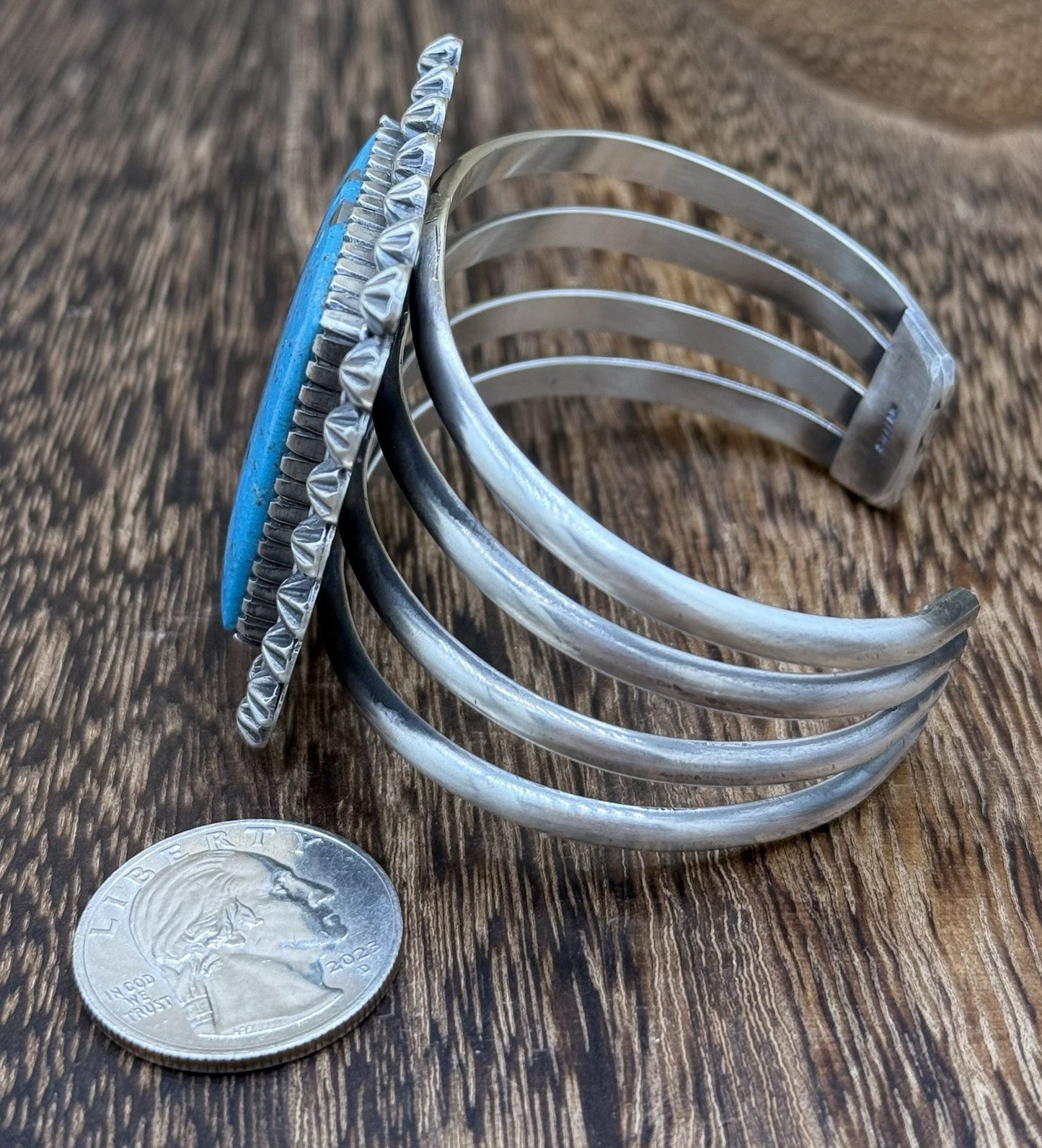 Native Navajo Handmade Sterling Silver Morenci Turquoise Old Look Cuff Bracelet