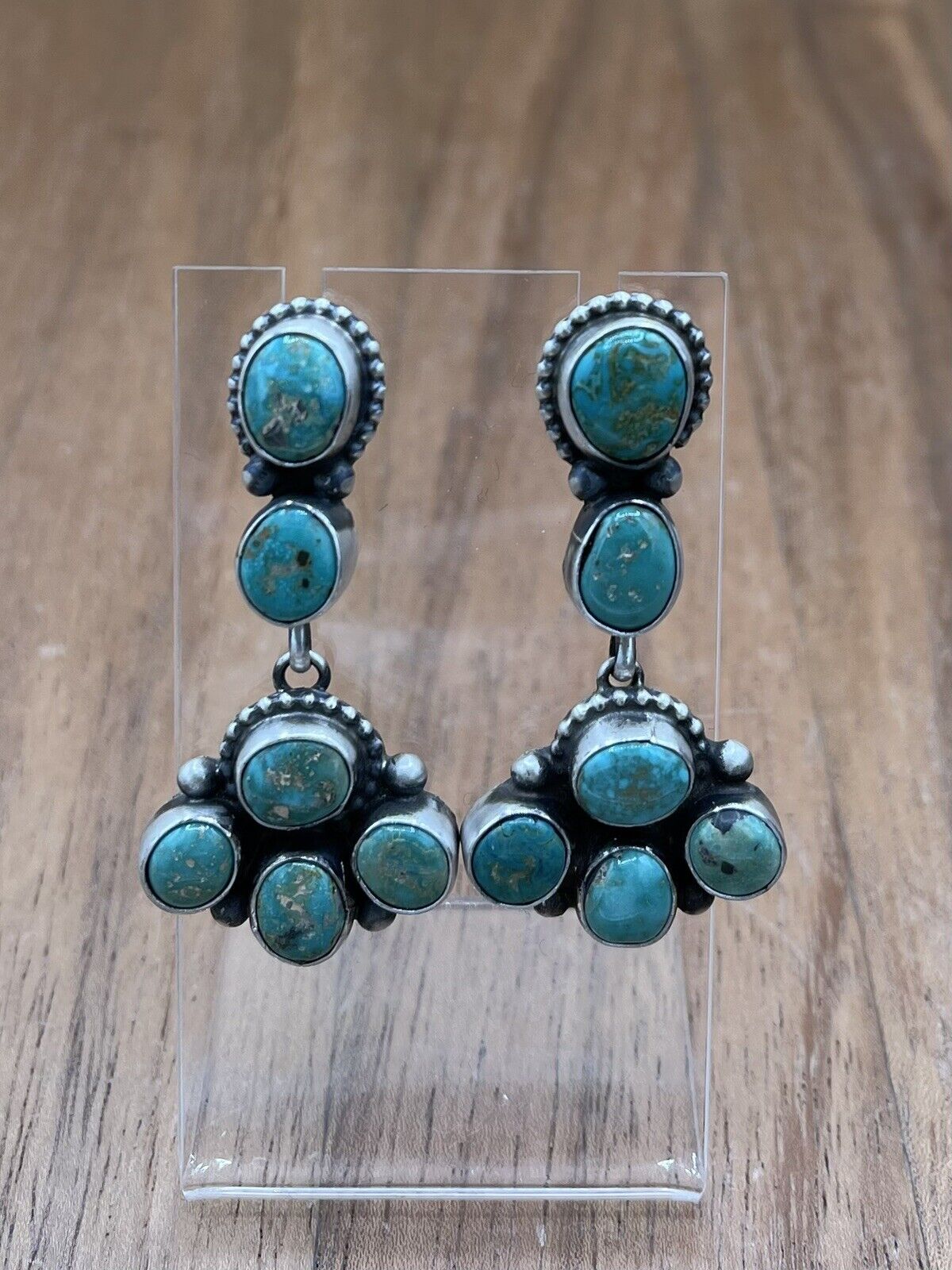 Native American Navajo Handmade Silver Kingman Turquoise Dangle Cluster Earrings