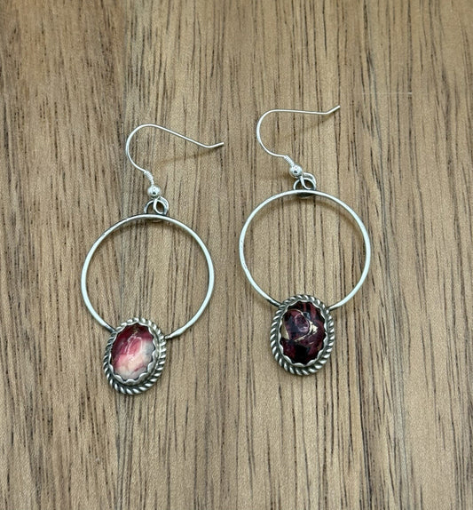 Navajo Handmade Sterling Silver Red Dahlia Rose Hoop Dangle Drop Earrings