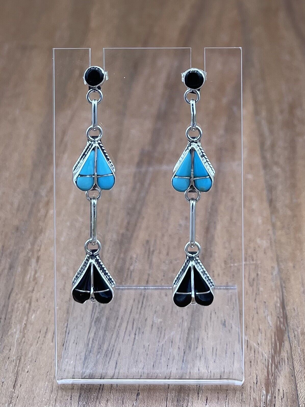 Native American Zuni Handmade Silver Inlay Turquoise Post Dangle Drop Earrings