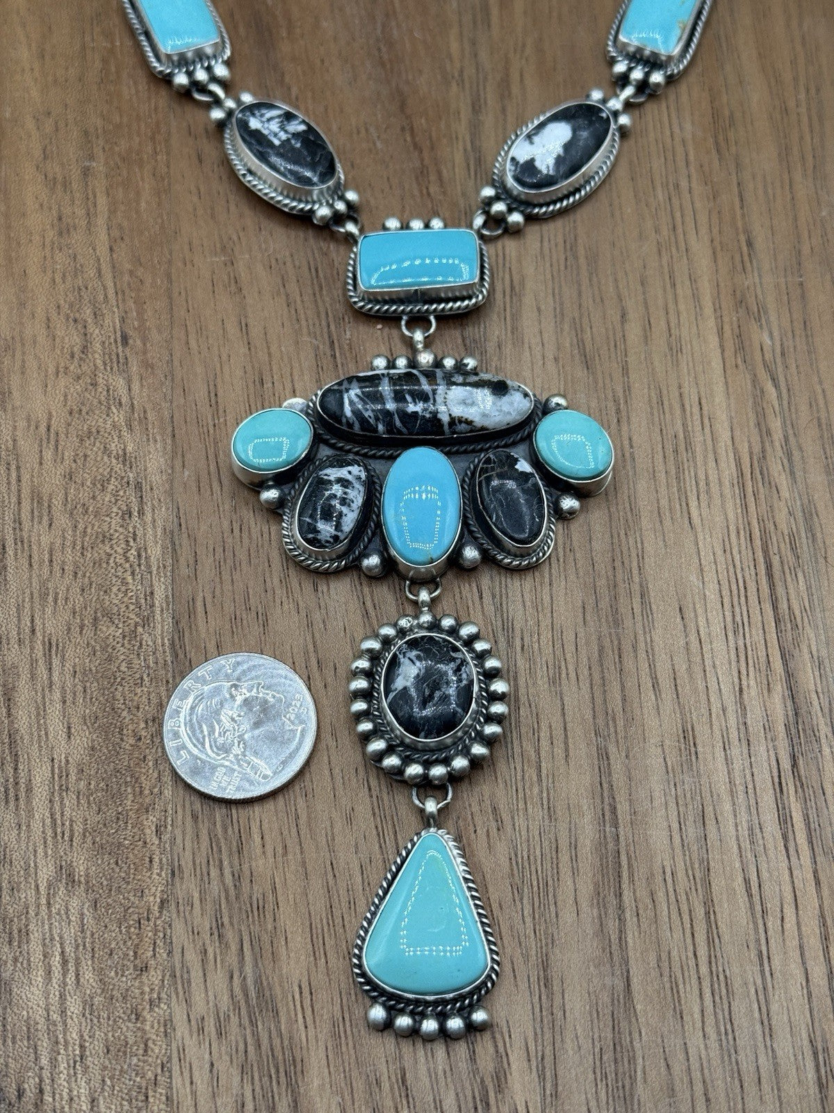 Navajo Handmade Sterling Silver Turquoise &White Buffalo Cluster Lariat Necklace