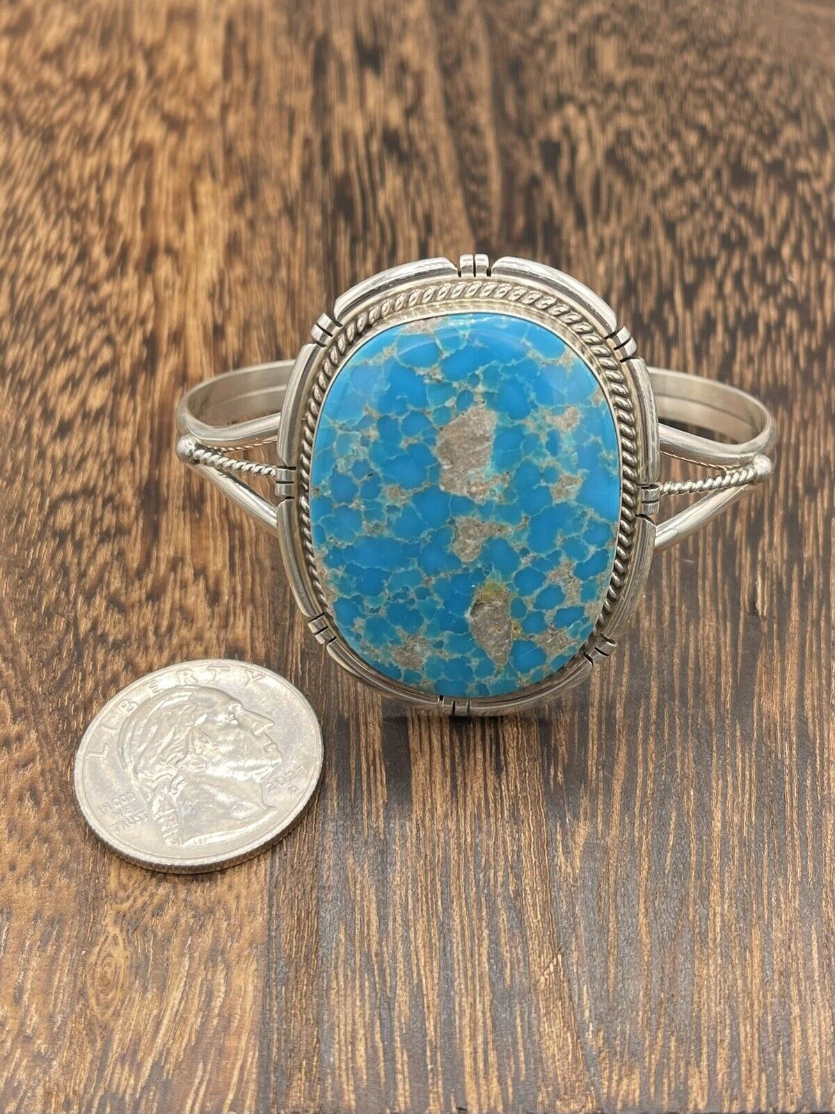 Native American Sterling Silver Navajo Handmade Kingman Turquoise Cuff Bracelet