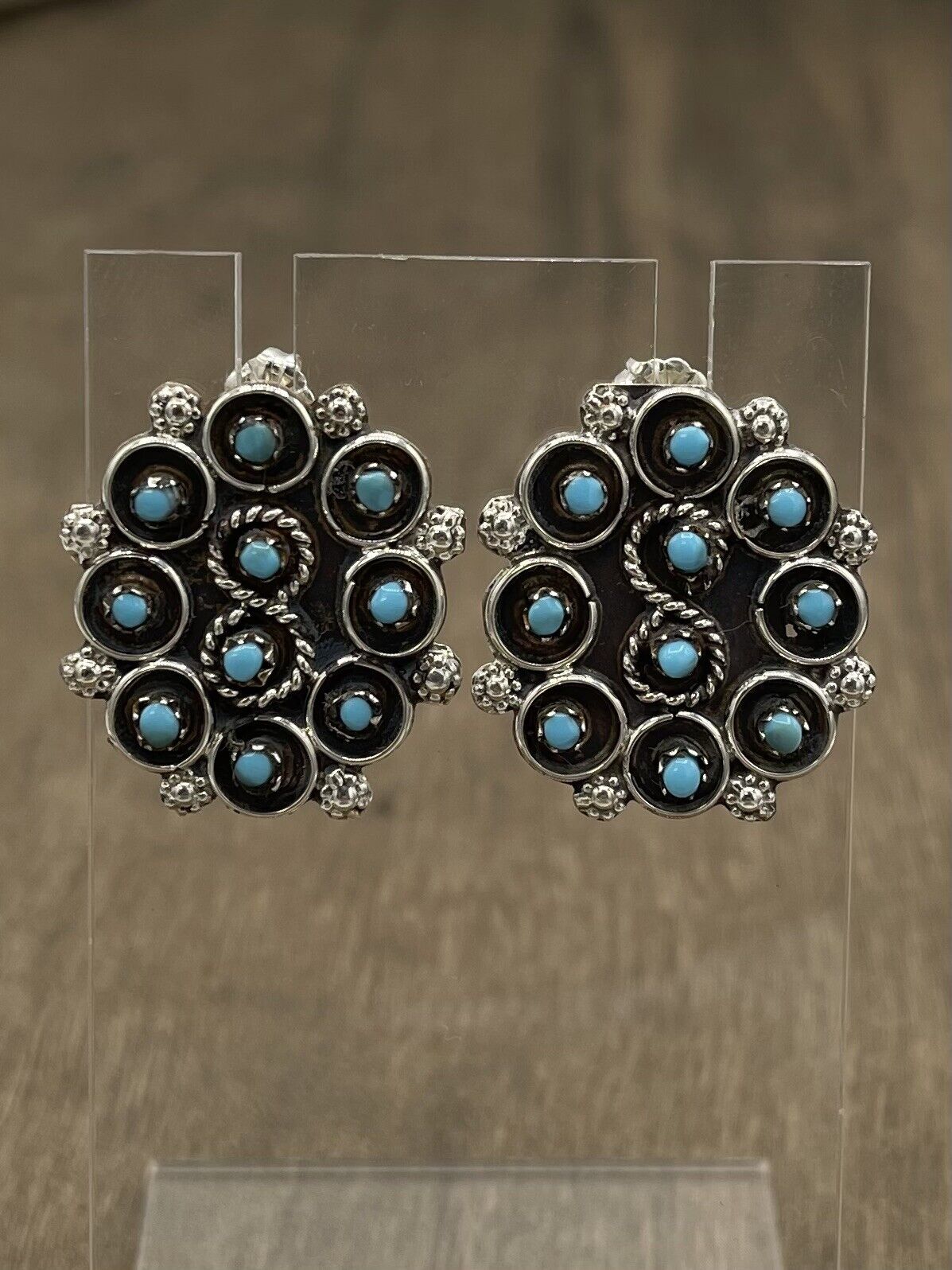 Native American Sterling Silver Zuni Handmade Natural Turquoise Post Earring