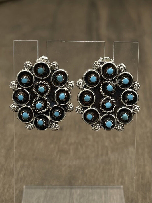 Native American Sterling Silver Zuni Handmade Natural Turquoise Post Earring