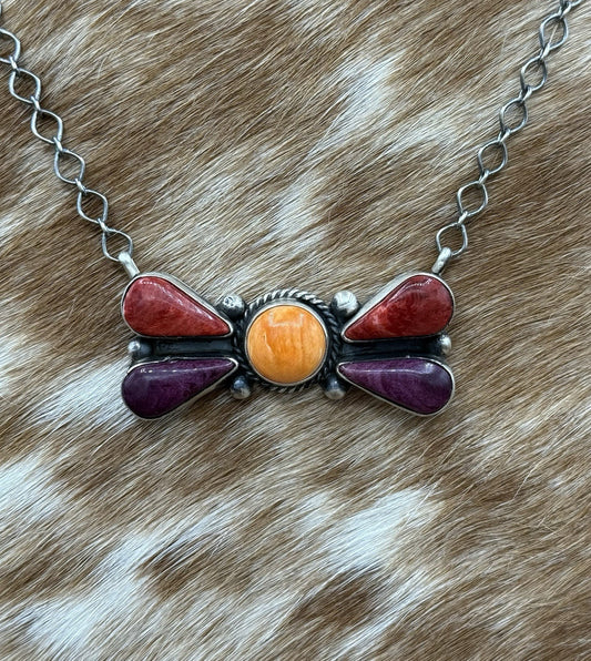 Navajo Handmade Sterling Silver Multi Stone Color Cluster Bar Necklace 18”