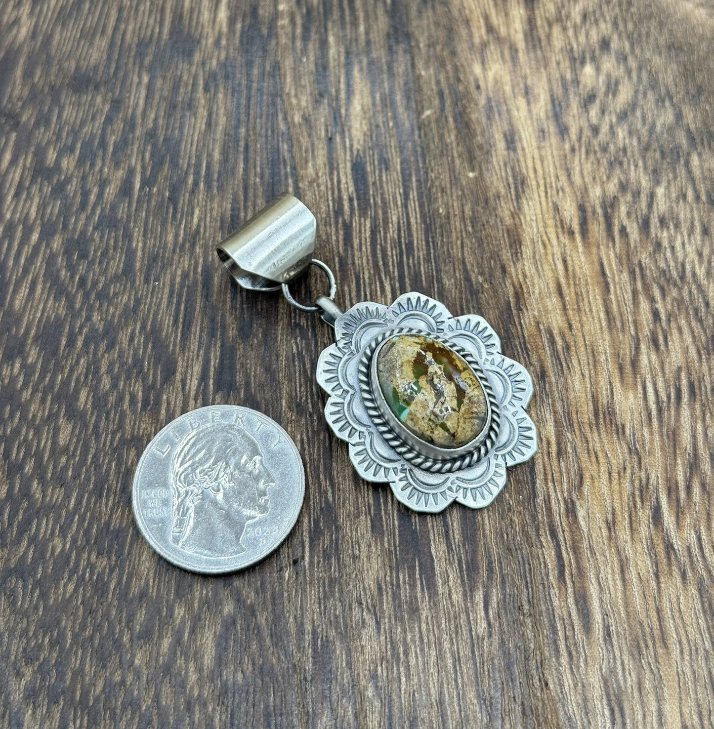 Navajo Handmade Sterling Silver Royston Turquoise Stamped Design Drop Pendant