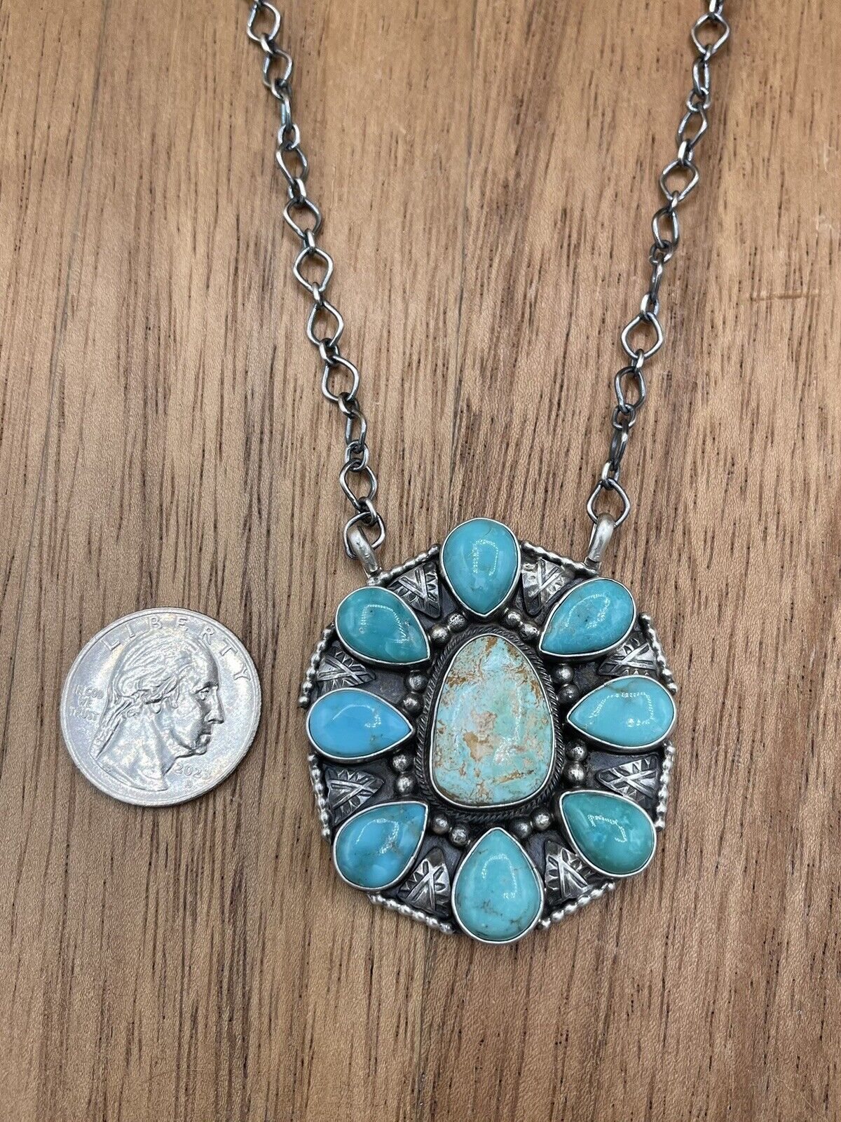 Native American Navajo Handmade Silver Turquoise Cluster Necklace 18 Inch