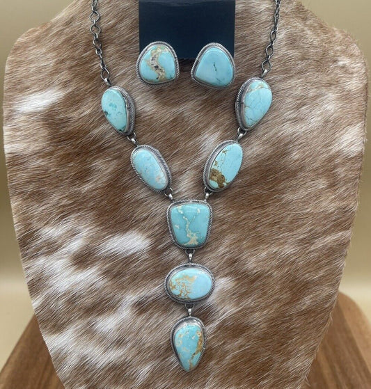 Native American Navajo Handmade Silver Royston Turquoise Lariat Necklace Set 18”