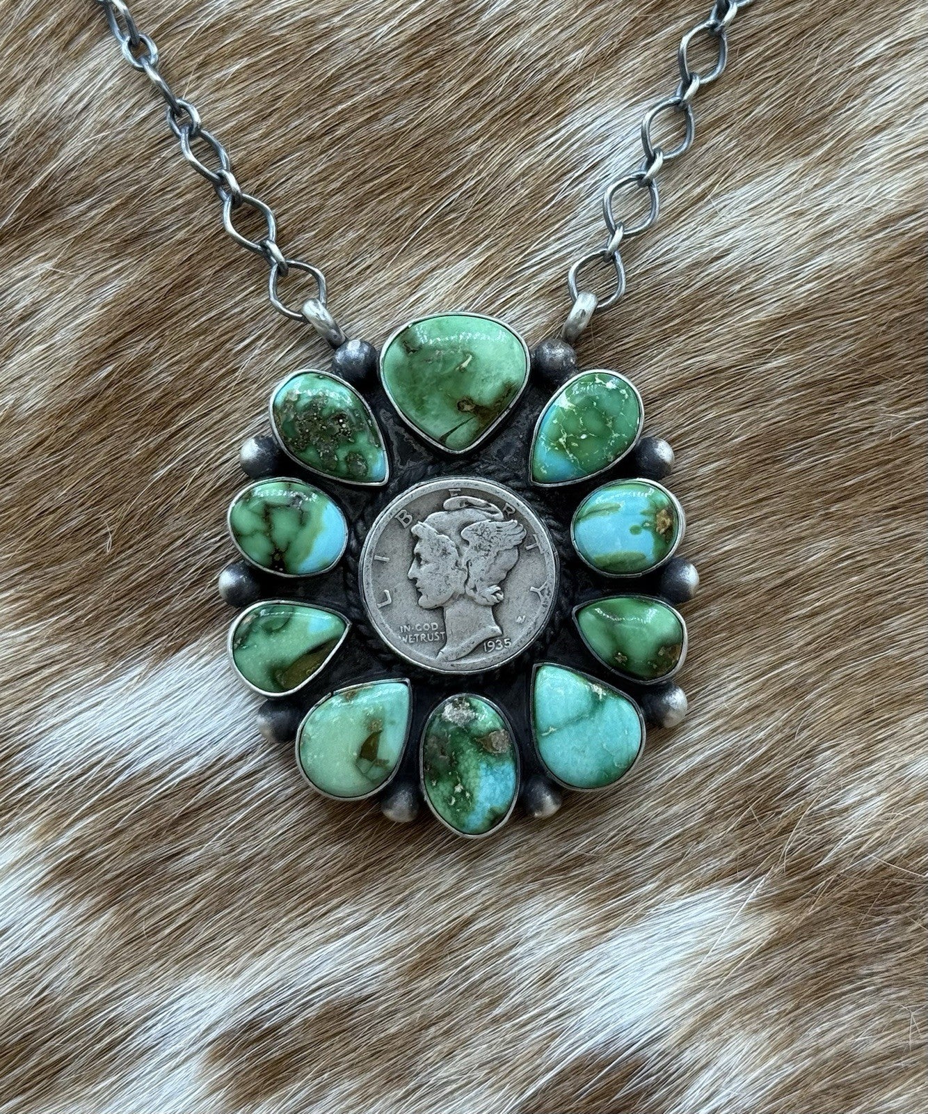 Navajo Handmade Silver Sonoran Gold Turquoise Liberty Coin Cluster Necklace 18”