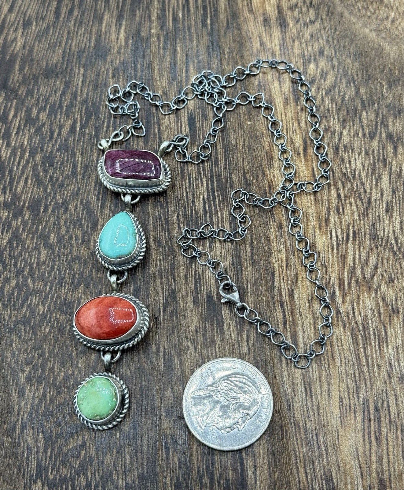 Navajo Handmade Sterling Silver Multi Color Mixed Stone Lariat Necklace 18”