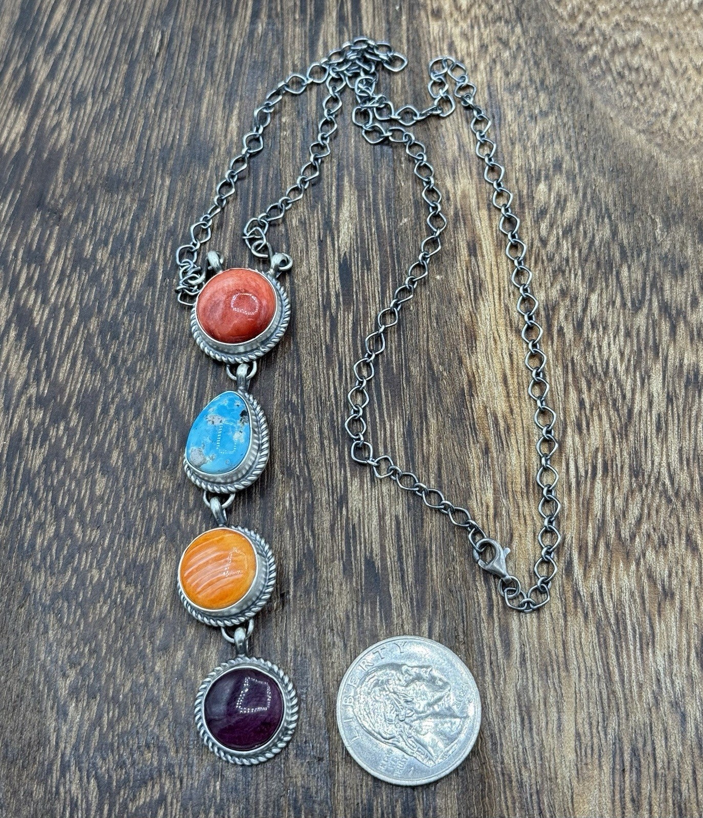 Navajo Handmade Sterling Silver Multi Color Mixed Stone Lariat Necklace 18”