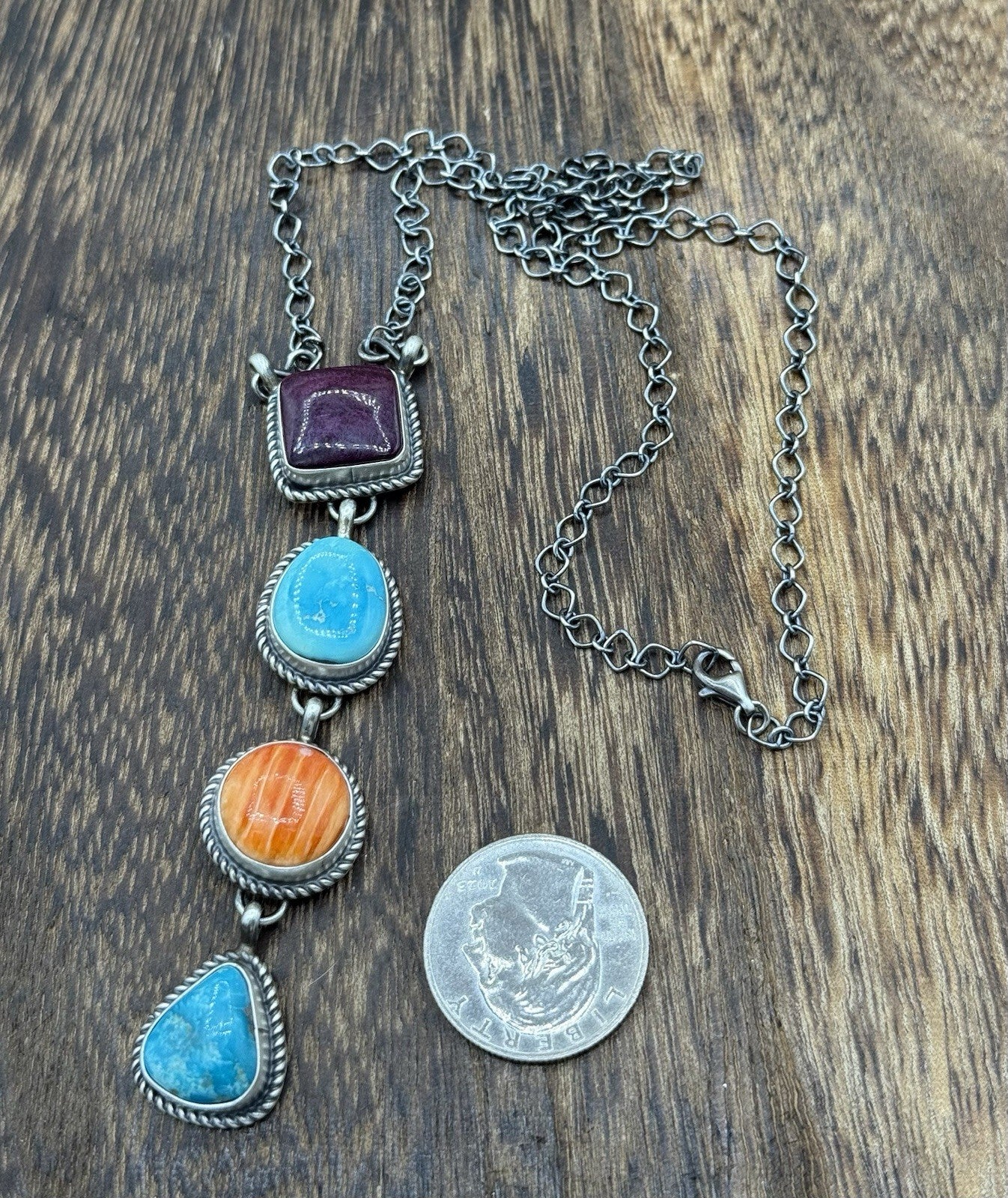 Navajo Handmade Sterling Silver Multi Color Mixed Stone Lariat Necklace 18”