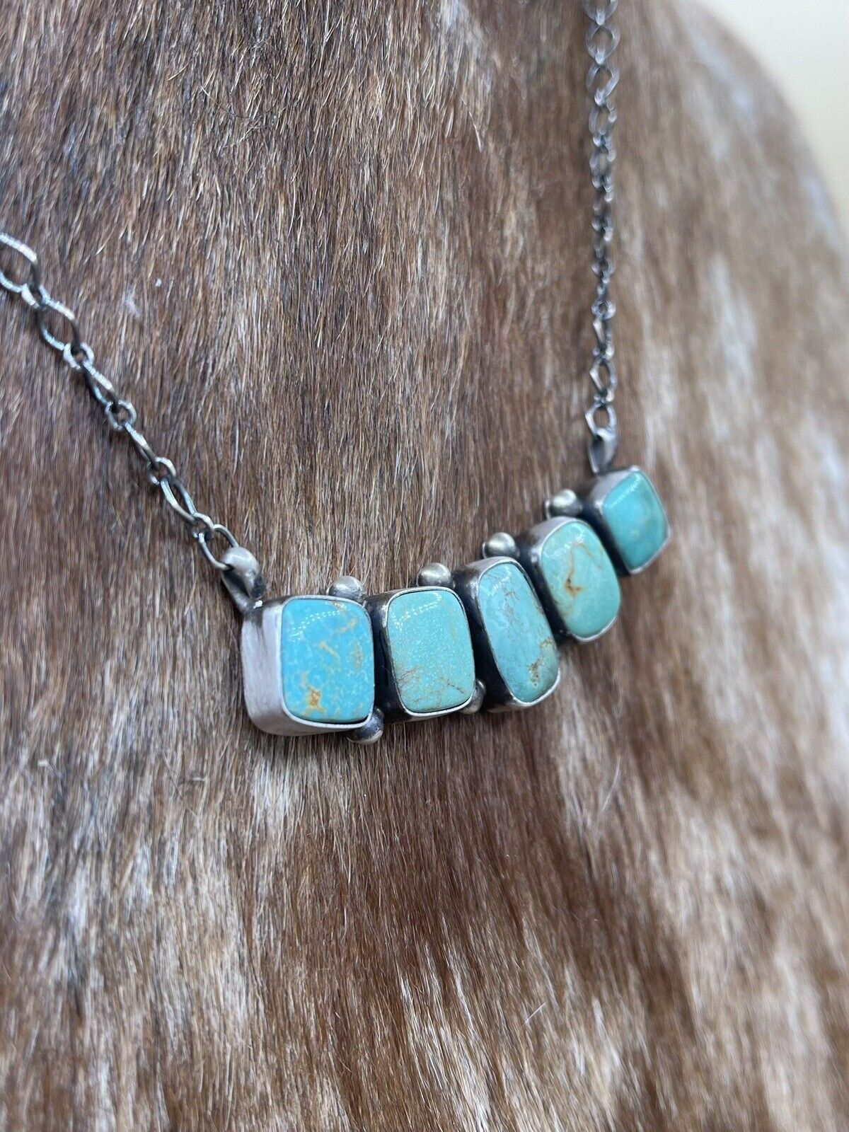 Native American Navajo Handmade Sterling Silver Kingman Turquoise Bar Necklace