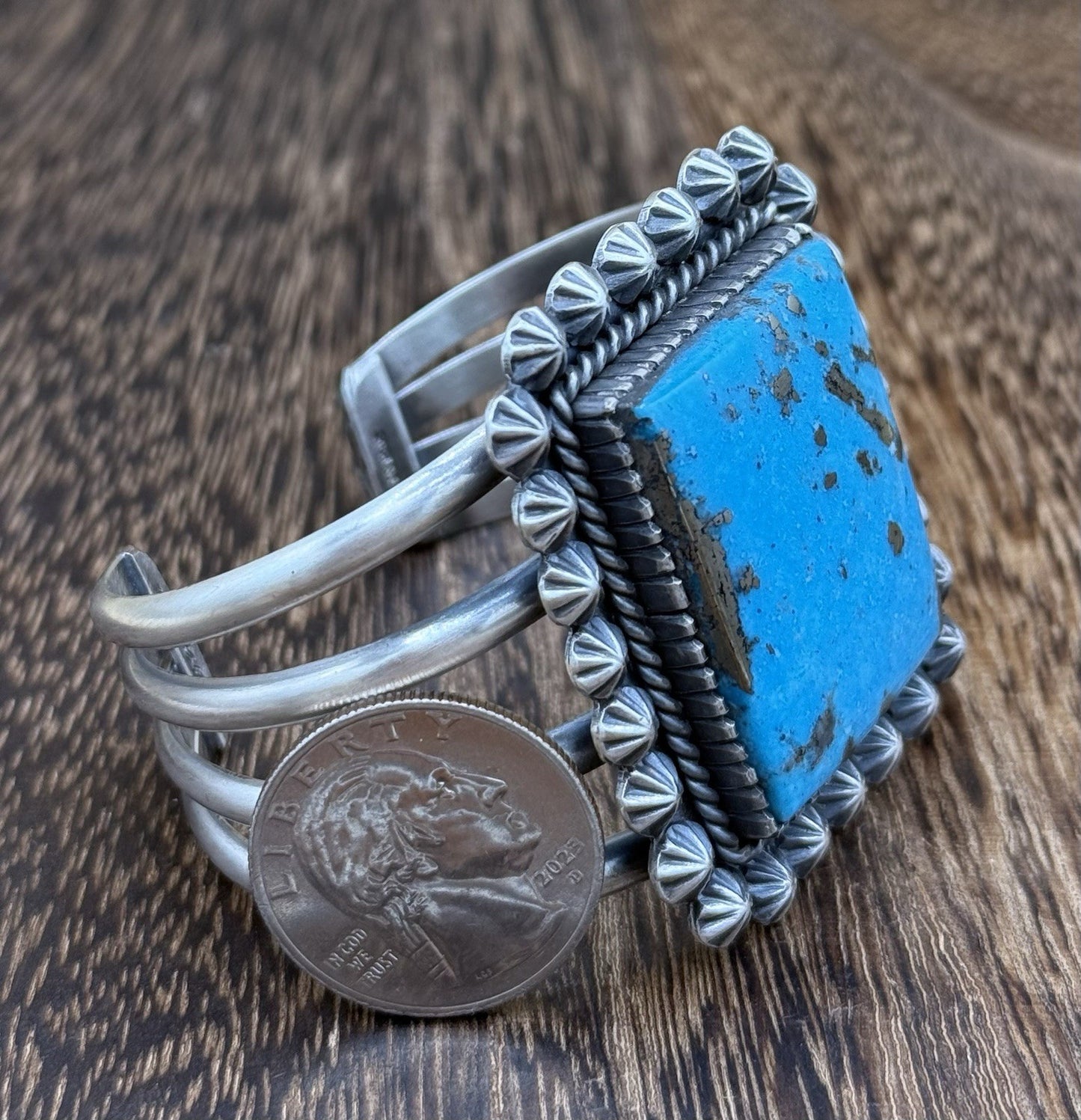 Native Navajo Handmade Sterling Silver Morenci Turquoise Old Look Cuff Bracelet