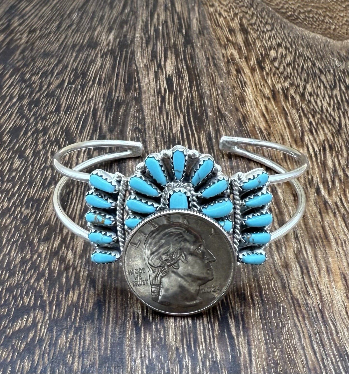 Navajo Handmade Sterling Silver Turquoise Traditional Cluster Cuff Bracelet