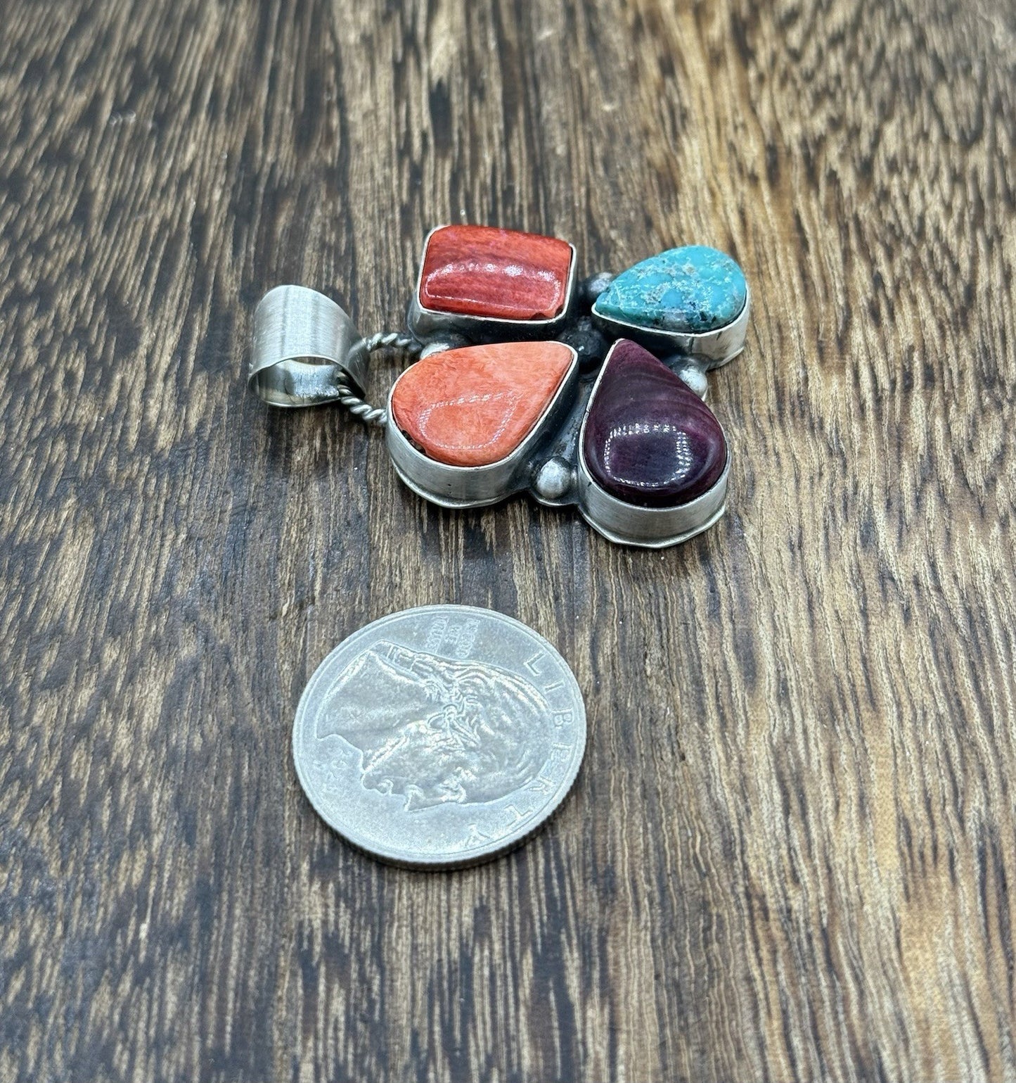 Navajo Handmade Sterling Silver Multi Color Turquoise Spiny Cluster Pendant