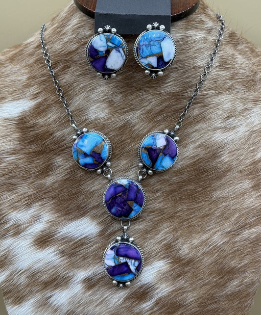 Navajo Handmade Sterling Silver  Violet Dahlia Rose Lariat Necklace Set 18”