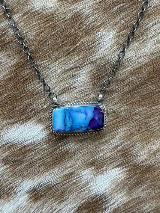 Navajo Handmade Sterling Silver Violet Rose & Blue Dahlia Bar Necklace 18”