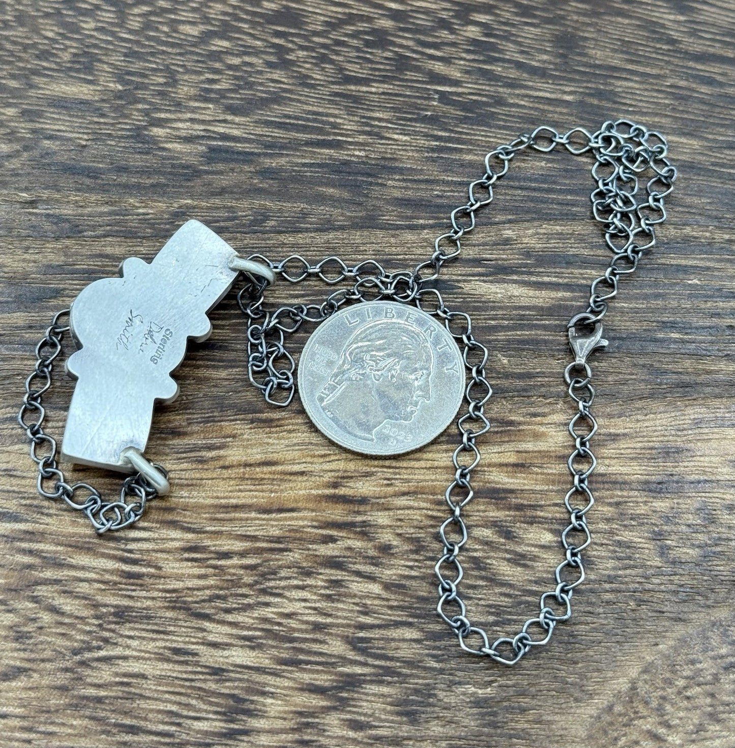 Navajo Handmade Sterling Silver Pink Conch Shell Cluster Bar Necklace 18”