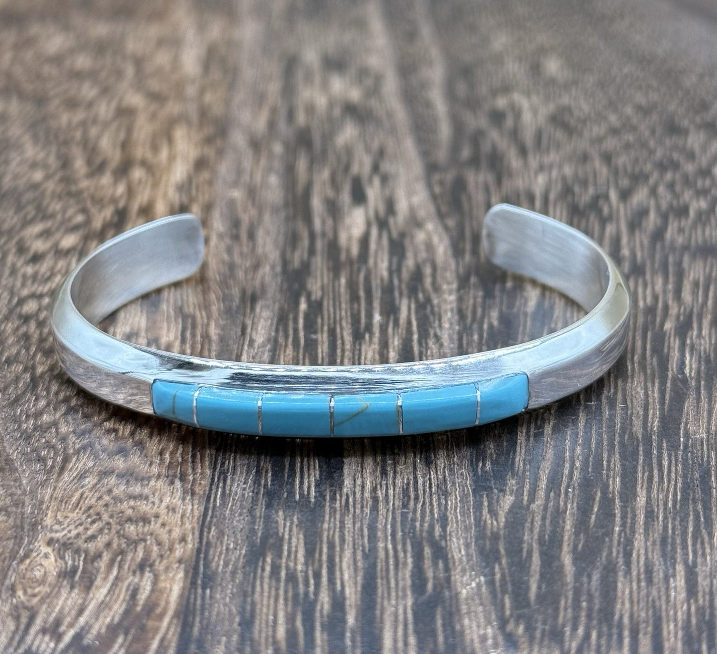 Navajo Handmade Sterling Silver Kingman Turquoise Inlay Bracelet Martha Living.