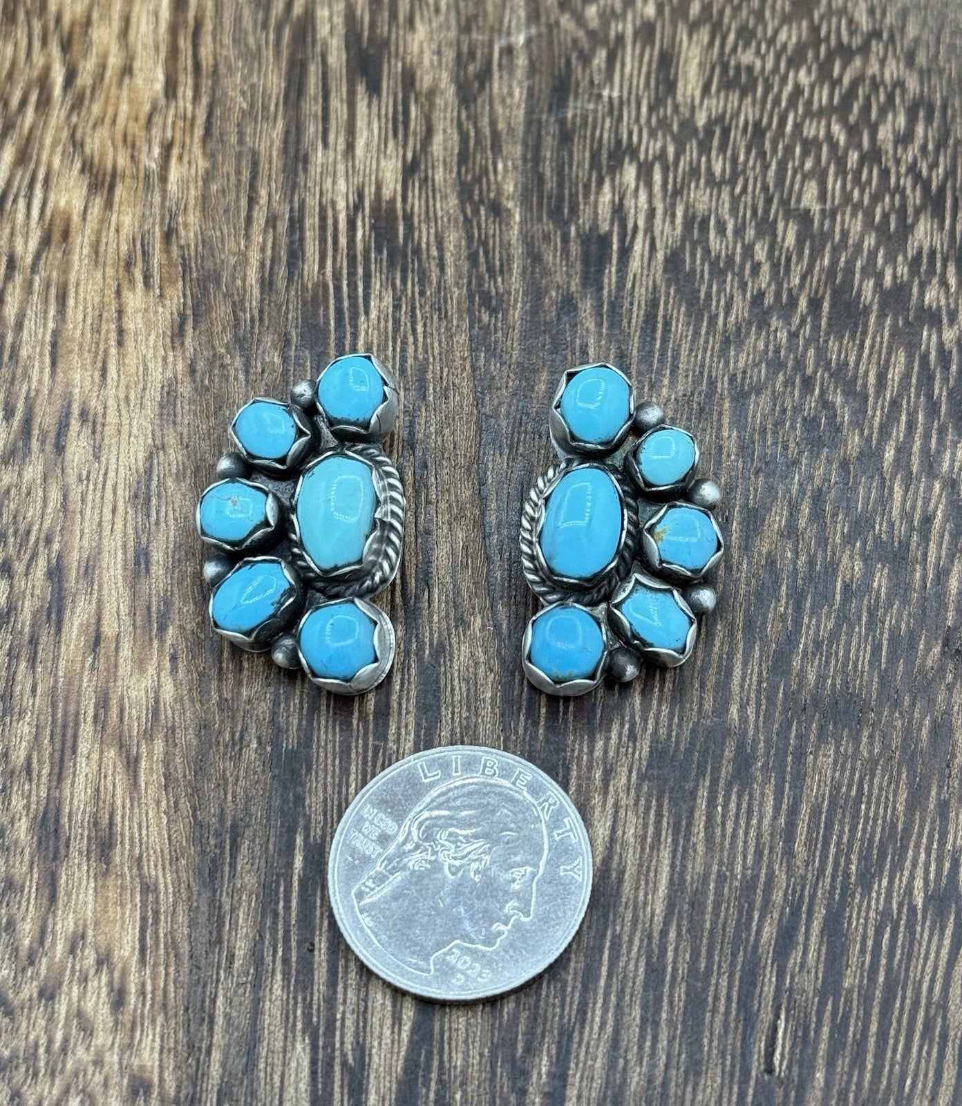 Navajo Handmade Sterling Silver Kingman Turquoise Half Cluster Post Earrings