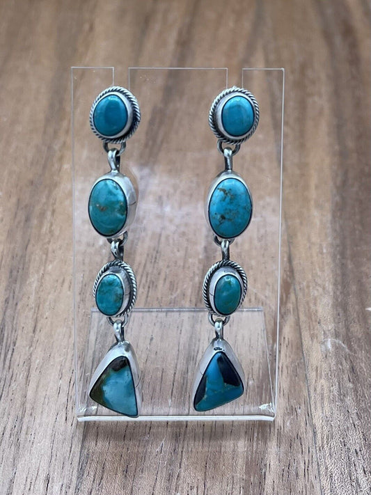 Native American Silver Navajo Handmade Kingman Turquoise Post Dangle Earrings